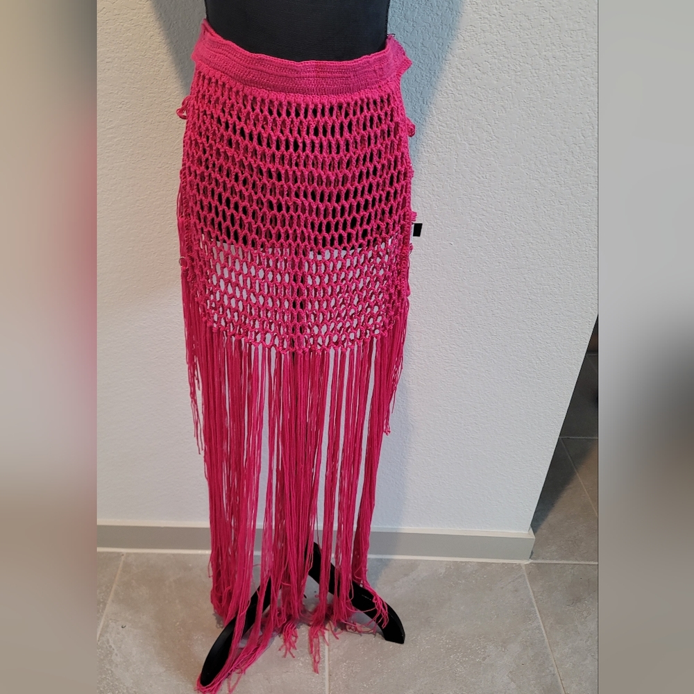 Pink Crochet Fringe Swimsuit Cover up Skirt - Picture 13 of 13